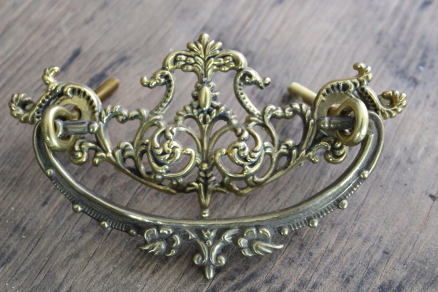 photo of very ornate vintage gold tone brass plated drawer pulls, furniture restoration hardware  #2