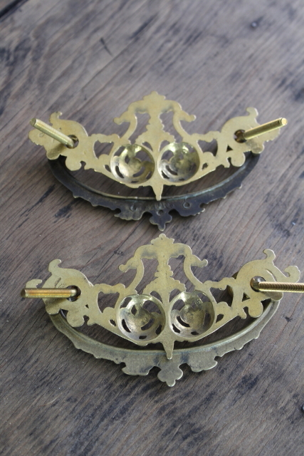 photo of very ornate vintage gold tone brass plated drawer pulls, furniture restoration hardware  #3