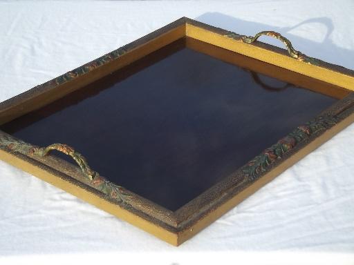 photo of very ornate vintage tray, painted gold wood frame & handles on formica? #1