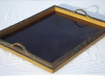 catalog photo of very ornate vintage tray, painted gold wood frame & handles on formica?