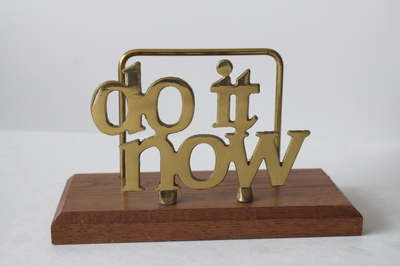 photo of very retro 70s vintage brass & oak desk stand letter papers rack Do It Now motivational inbox  #1