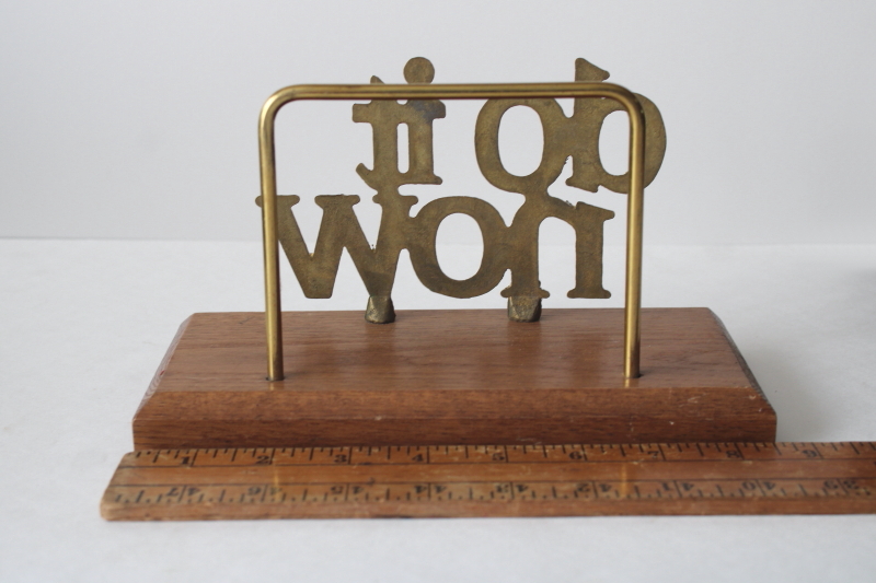 photo of very retro 70s vintage brass & oak desk stand letter papers rack Do It Now motivational inbox  #3
