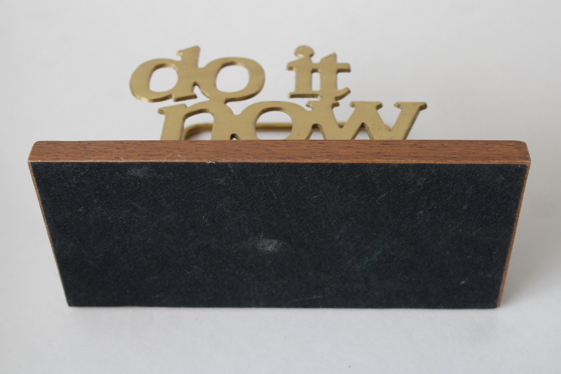 photo of very retro 70s vintage brass & oak desk stand letter papers rack Do It Now motivational inbox  #5