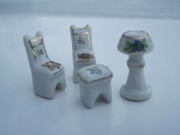 catalog photo of very tiny vintage Japan painted china miniatures, chairs, table and lamp