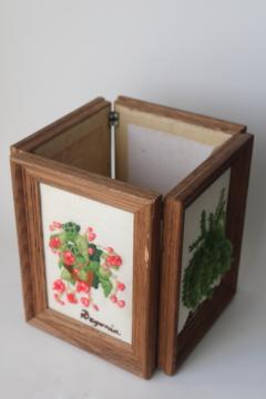 catalog photo of very unique handmade vintage planter box, framed crewel embroidery houseplants boho decor 