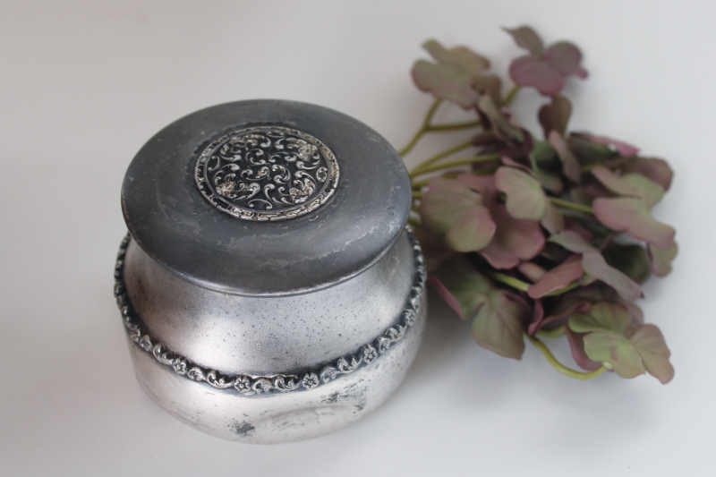 photo of very worn darkly tarnished antique silver plated trinket box or round powder puff vanity jar  #1