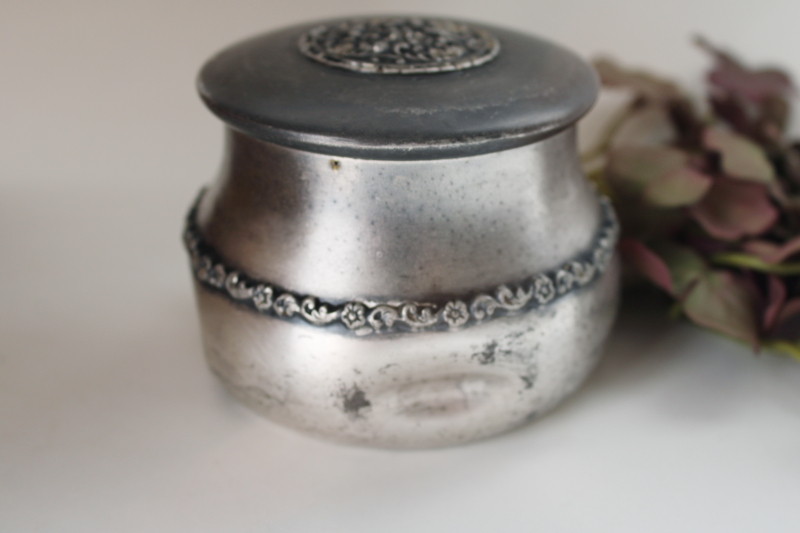 photo of very worn darkly tarnished antique silver plated trinket box or round powder puff vanity jar  #2