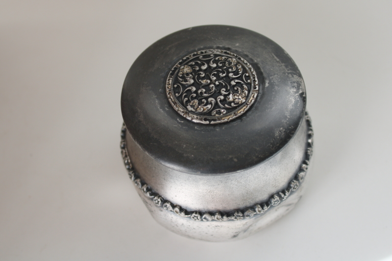 photo of very worn darkly tarnished antique silver plated trinket box or round powder puff vanity jar  #3