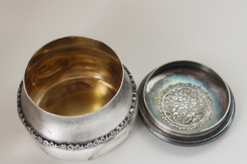 photo of very worn darkly tarnished antique silver plated trinket box or round powder puff vanity jar  #4