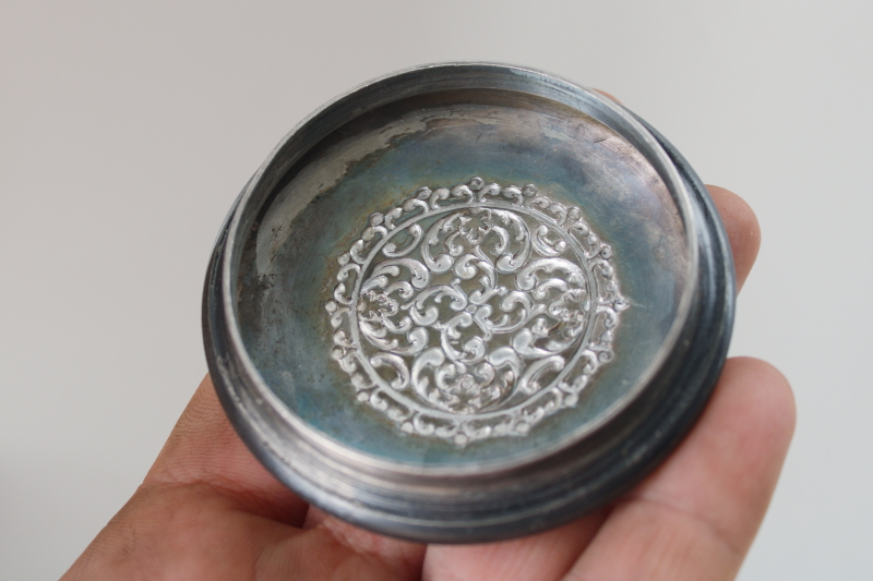 photo of very worn darkly tarnished antique silver plated trinket box or round powder puff vanity jar  #7