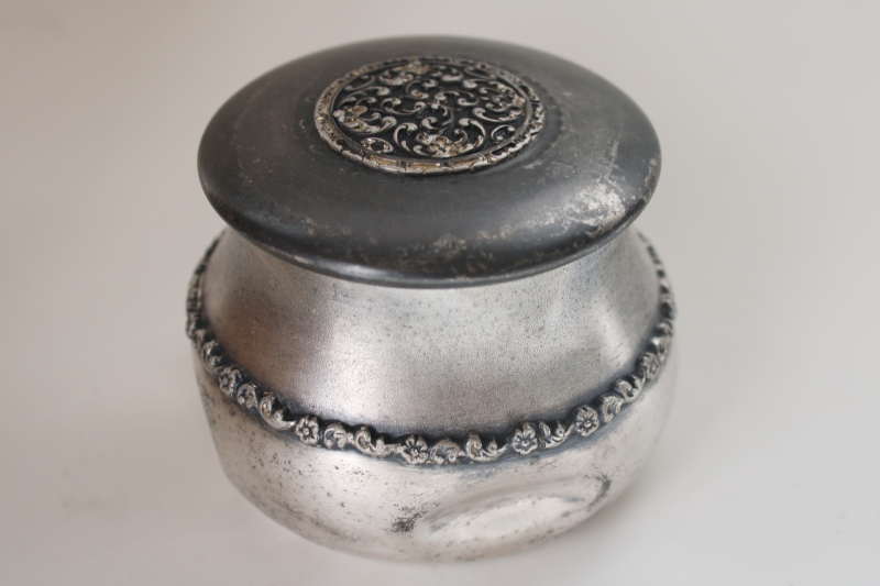 photo of very worn darkly tarnished antique silver plated trinket box or round powder puff vanity jar  #8