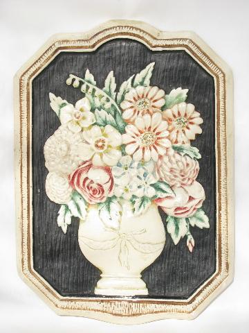 photo of victorian flowers bouquet, painted chalkware picture plaque, early 1900s vintage #1