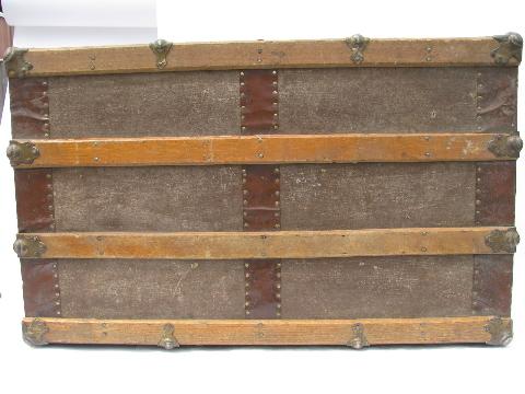 photo of victorian vintage antique flat top slat trunk, old steamer or train luggage #5