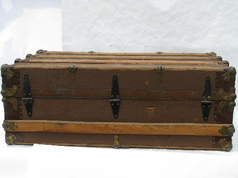 photo of victorian vintage antique flat top slat trunk, old steamer or train luggage #7