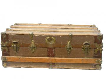 catalog photo of victorian vintage antique flat top slat trunk, old steamer or train luggage