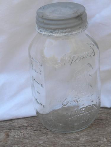 photo of vintage 1 quart Mom's Mason Jar, apple peeling grandma, old zinc lid #1