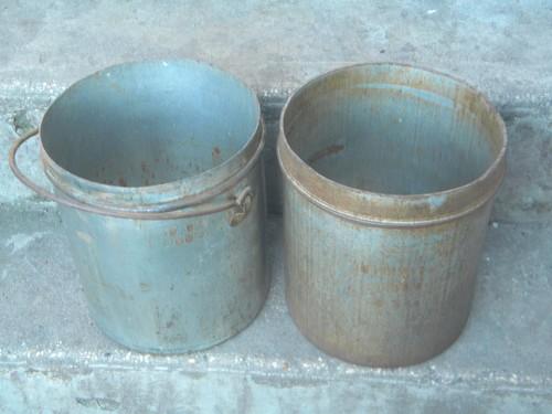 photo of vintage 10 quart ice cream or dairy bucket tub canisters, tinned steel #1