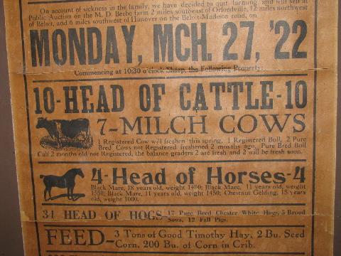 photo of vintage 1922 auction sale bill, livestock & equipment from Wisconsin farm #2