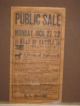 catalog photo of vintage 1922 auction sale bill, livestock & equipment from Wisconsin farm