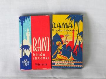 catalog photo of vintage 1930s and 1940s Indian incense boxes w/ cones and color graphics