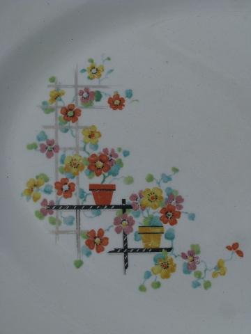 photo of vintage 1930s kitchen china platter, red band, deco flower pots print #2