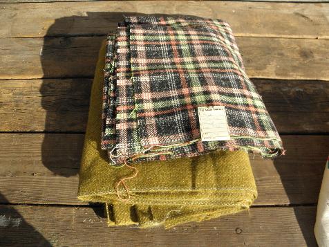 photo of vintage 1940s - 50s woolen & wool blend fabric, tweed heather solid & plaid #1