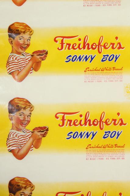 photo of vintage 1940s advertising colorful graphics Sonny Boy Freihofers white bread wrapper poster size #4