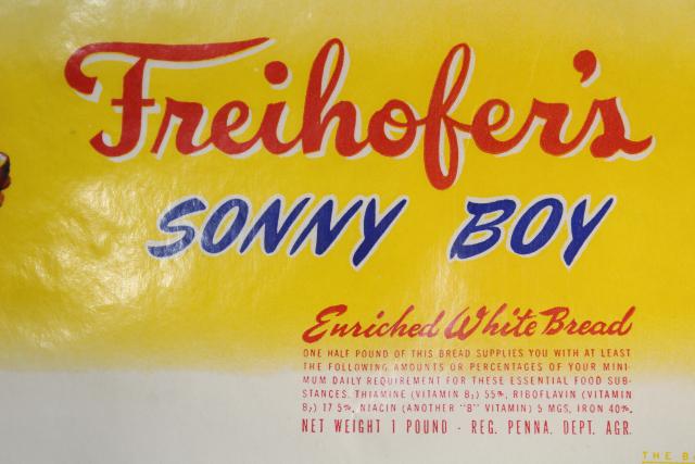 photo of vintage 1940s advertising colorful graphics Sonny Boy Freihofers white bread wrapper poster size #6
