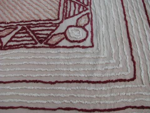 photo of vintage 1940s cotton chenille bedspread, rose-pink w/ burgundy wine #2