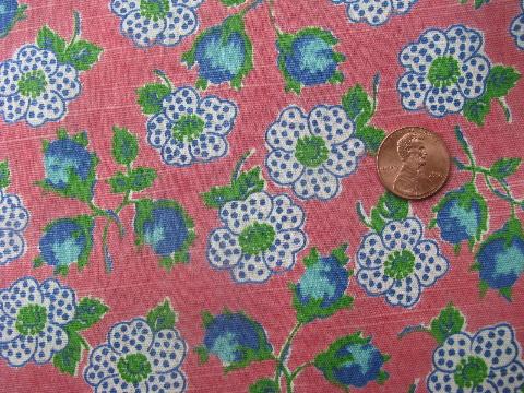 photo of vintage 1940s cotton print fabric, blue flowers on pink , 5 1/2 yards #1