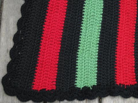 photo of vintage 1940s crocheted cotton rug, indian camp blanket stripes, red / green / black #3