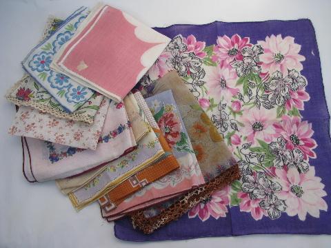 photo of vintage 1940s floral hankies lot, flower print cotton handkerchiefs #1
