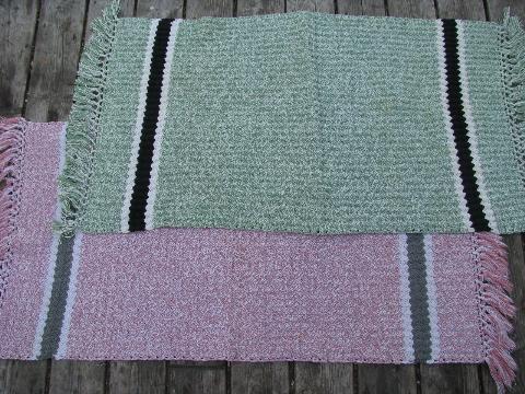 photo of vintage 1940s hand crocheted cotton throw rugs, pink & grey, jade green & black #1