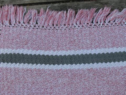 photo of vintage 1940s hand crocheted cotton throw rugs, pink & grey, jade green & black #3