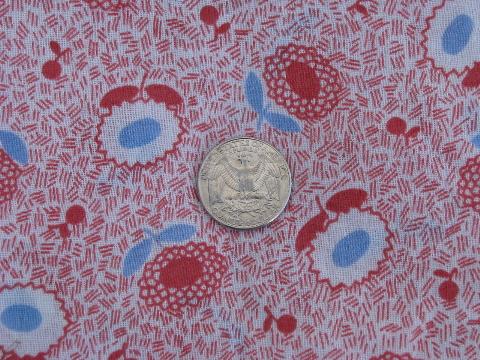 photo of vintage 1940s light cotton fabric, red & blue flowers print #1