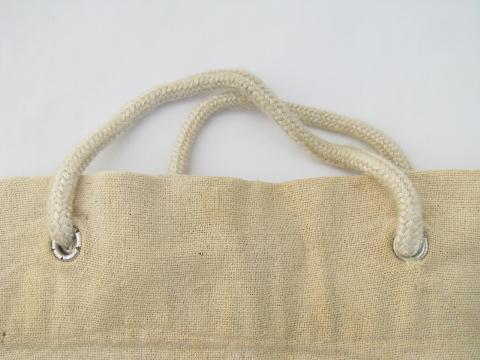 photo of vintage 1940s shopping bag, rope handles, old cotton feedsack fabric tote #3