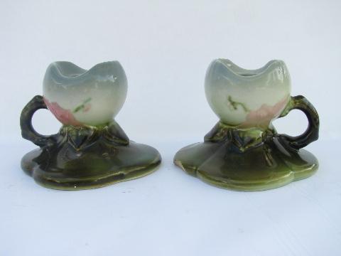 photo of vintage 1940s-50s Hull art pottery candlesticks, flower shape candle holders #1