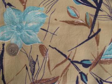 catalog photo of vintage 1940s-50s cotton feedsack fabric, tropical flowers on tan