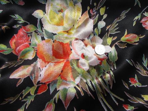 photo of vintage 1950s - 60s silky black satin fabric, huge full-blown roses print #1