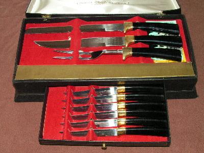 photo of vintage 1950s Sheffield carving knife set/steak knives #1