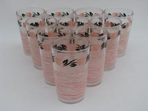 photo of vintage 1950s kitchen glass juice glasses, retro roses, pink and black #1