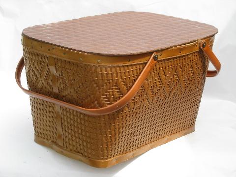 photo of vintage 1950's picnic basket hamper, old Red Man Indian label #2