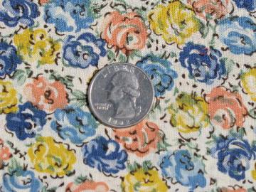 catalog photo of vintage 1950s print cotton fabric, watercolors floral, blue, peach, yellow