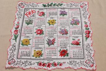catalog photo of vintage 1966 calendar hanky, retro colorful print printed cotton handkerchief