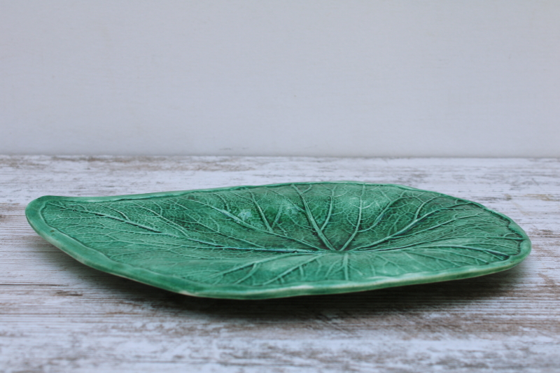 photo of vintage 1970 handmade ceramic tropical palm leaf shaped tray, green glaze art pottery  #2
