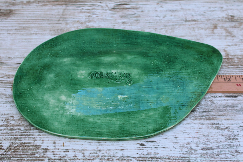 photo of vintage 1970 handmade ceramic tropical palm leaf shaped tray, green glaze art pottery  #3