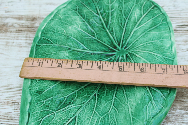 photo of vintage 1970 handmade ceramic tropical palm leaf shaped tray, green glaze art pottery  #5