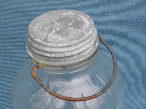 photo of vintage 2 qt storage jar or canister w/zinc metal cap and wire handle #2