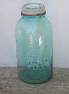 catalog photo of vintage 2 quart blue glass Ball storage canister jar w/milk glass cap