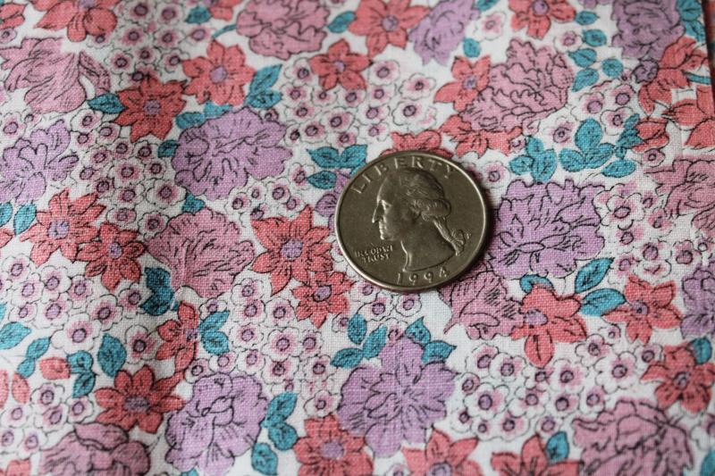 photo of vintage 36 inch wide cotton fabric, floral print in coral, lavender, teal green #2